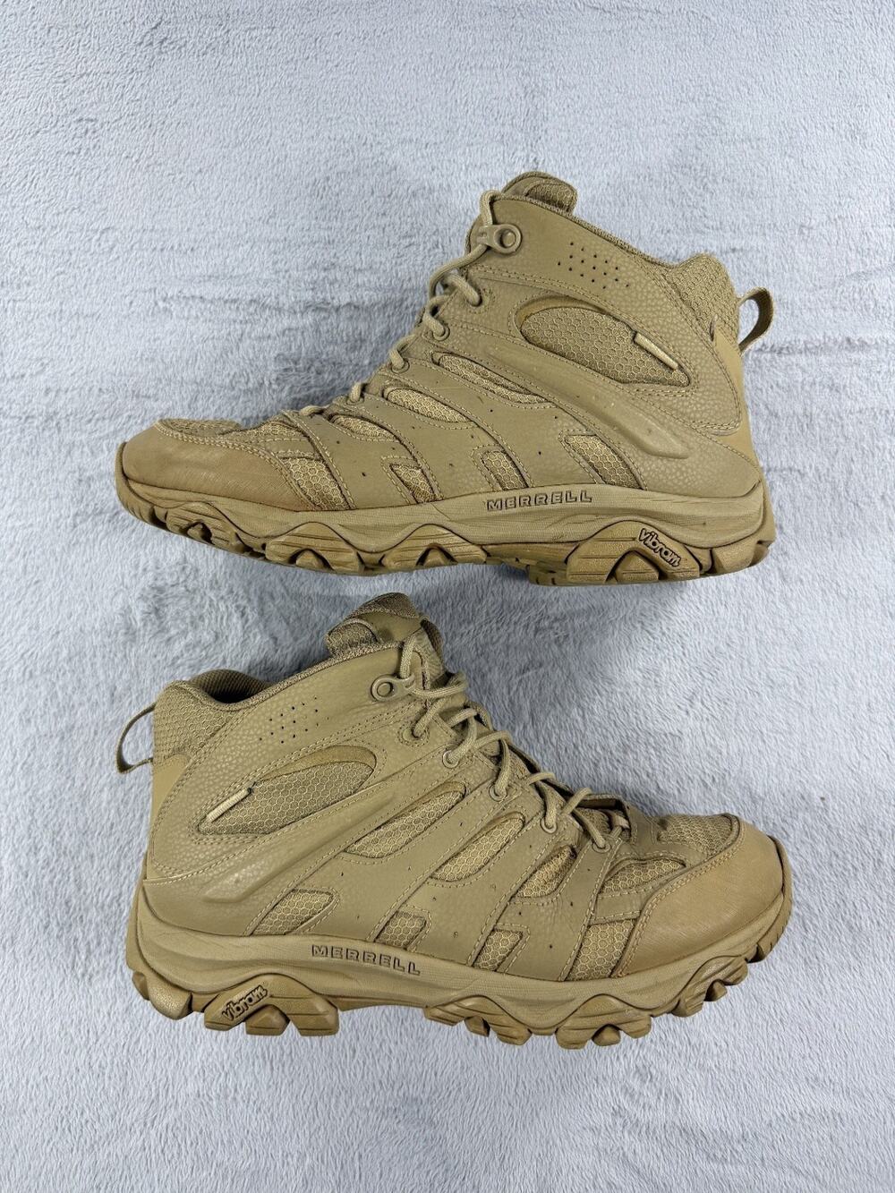 Merrell Mens Size 11W Moab Mid Tactical Response Boots Coyote Tan Vibram Hiking